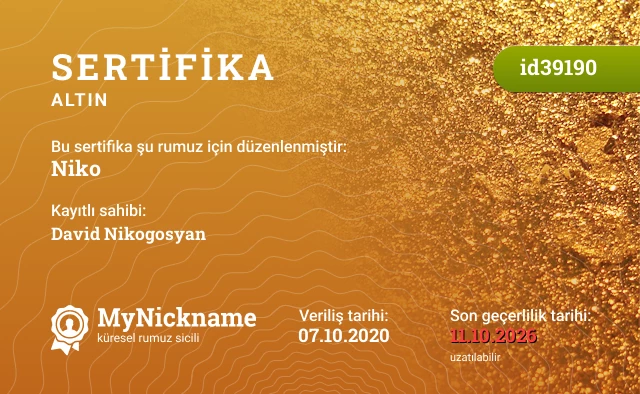 Niko rumuzu için sertifika, kayıtlı sahibi: David Nikogosyan