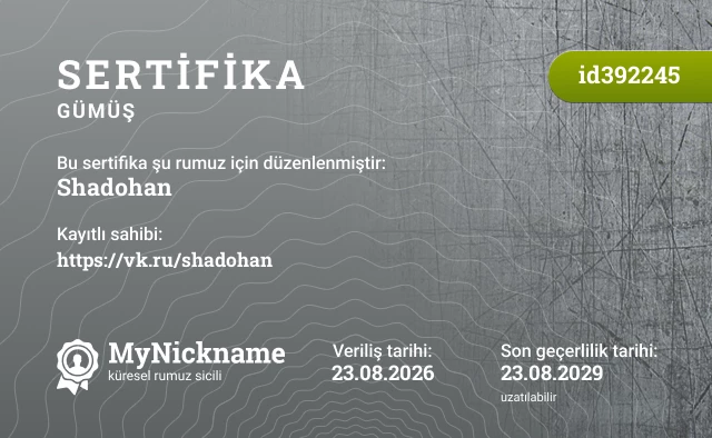 Shadohan rumuzu için sertifika, kayıtlı sahibi: https://vk.ru/shadohan