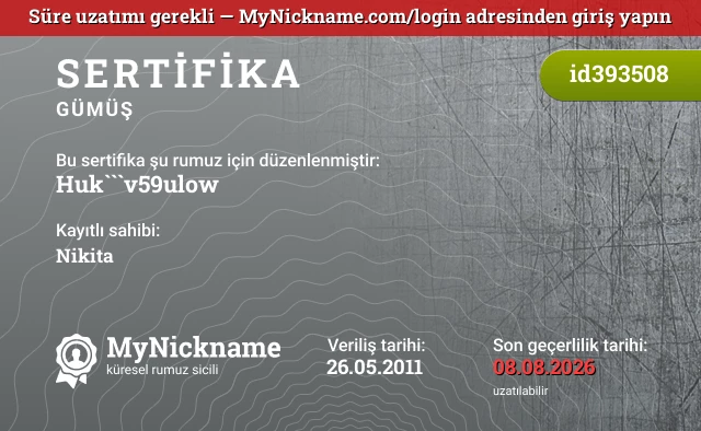 Huk```v59ulow rumuzu için sertifika, kayıtlı sahibi: Nikita