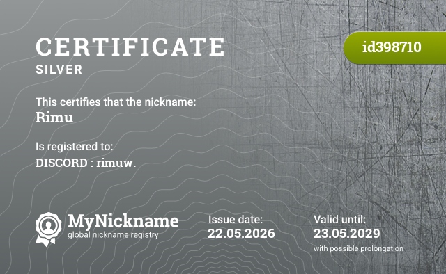Certificate for nickname Rimu, registered to: DISCORD : rimuw.