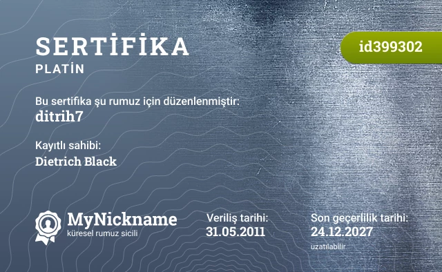 ditrih7 rumuzu için sertifika, kayıtlı sahibi: Dietrich Black