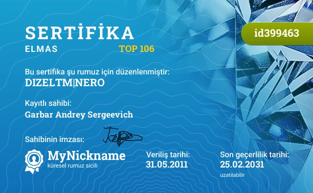 DIZEL™|NERO rumuzu için sertifika, kayıtlı sahibi: Garbar Andrey Sergeevich
