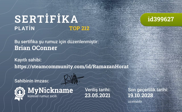 Brian OConner rumuzu için sertifika, kayıtlı sahibi: https://steamcommunity.com/id/RamazanHorat