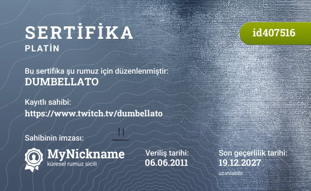 DUMBELLATO rumuzu için sertifika, kayıtlı sahibi: https://www.twitch.tv/dumbellato