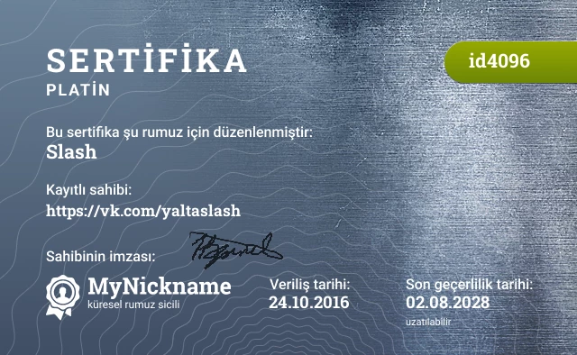 Slash rumuzu için sertifika, kayıtlı sahibi: https://vk.com/yaltaslash