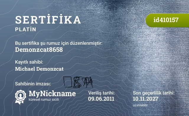 Demonzcat8658 rumuzu için sertifika, kayıtlı sahibi: Michael Demonzcat