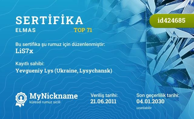 LiS7x rumuzu için sertifika, kayıtlı sahibi: Yevgueniy Lys (Ukraine, Lysychansk)
