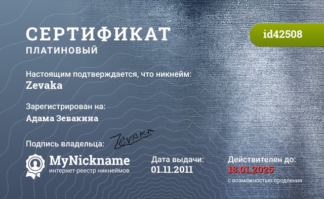 Сертификат на никнейм Zevaka, зарегистрирован на Адама Зевакина