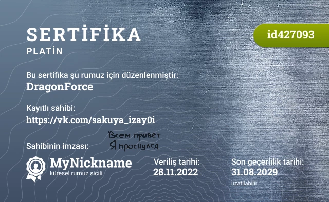 DragonForce rumuzu için sertifika, kayıtlı sahibi: https://vk.com/sakuya_izay0i