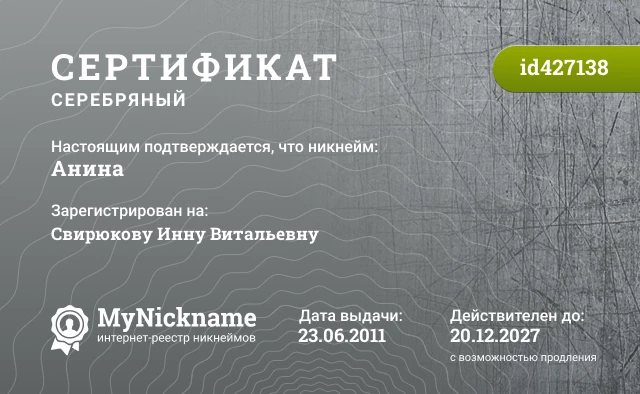 Сертификат на никнейм Анина, зарегистрирован на Свирюкову Инну Витальевну