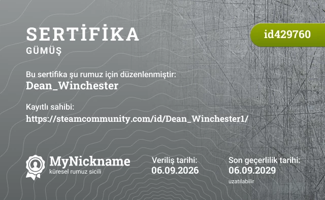Dean_Winchester rumuzu için sertifika, kayıtlı sahibi: https://steamcommunity.com/id/Dean_Winchester1/