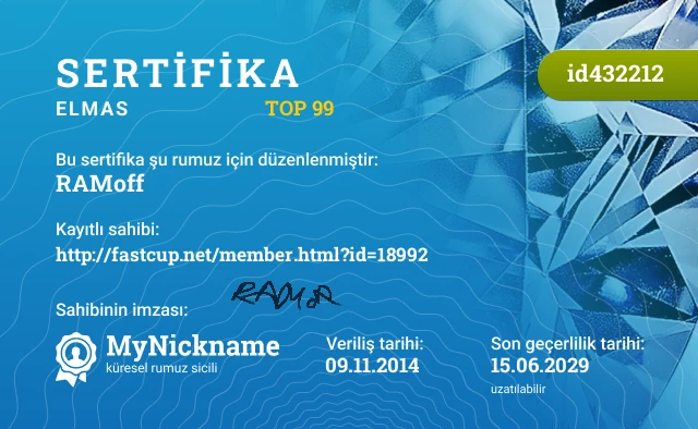 RAMoff rumuzu için sertifika, kayıtlı sahibi: http://fastcup.net/member.html?id=18992