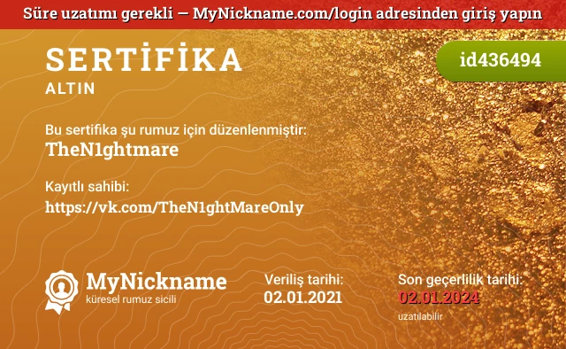 TheN1ghtmare rumuzu için sertifika, kayıtlı sahibi: https://vk.com/TheN1ghtMareOnly