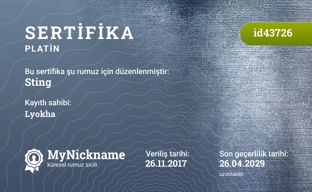 Sting rumuzu için sertifika, kayıtlı sahibi: Lyokha