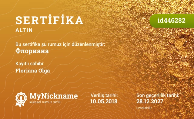 Флориана rumuzu için sertifika, kayıtlı sahibi: Floriana Olga