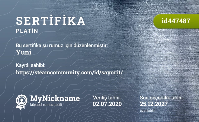 Yuni rumuzu için sertifika, kayıtlı sahibi: https://steamcommunity.com/id/sayori1/