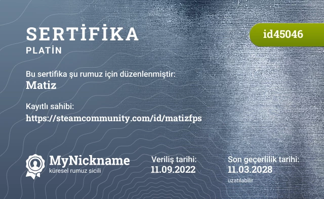Matiz rumuzu için sertifika, kayıtlı sahibi: https://steamcommunity.com/id/matizfps