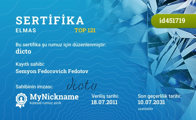 dicto rumuzu için sertifika, kayıtlı sahibi: Semyon Fedorovich Fedotov