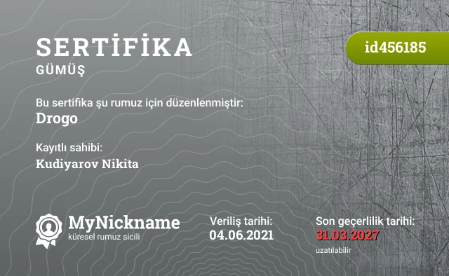 Drogo rumuzu için sertifika, kayıtlı sahibi: Kudiyarov Nikita