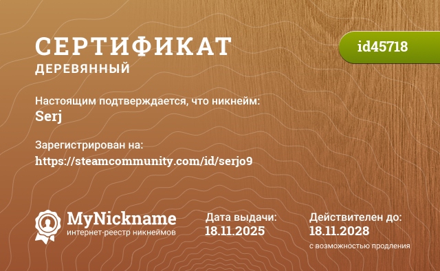 Сертификат на никнейм Serj, зарегистрирован на https://steamcommunity.com/id/serjo9