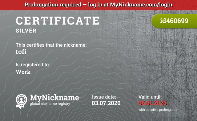 Certificate for nickname tofi is registered to: Work