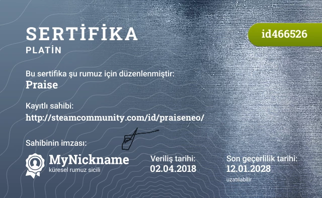 Praise rumuzu için sertifika, kayıtlı sahibi: http://steamcommunity.com/id/praiseneo/