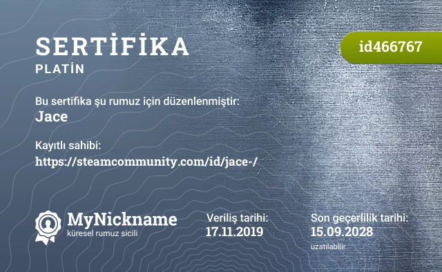 Jace rumuzu için sertifika, kayıtlı sahibi: https://steamcommunity.com/id/jace-/
