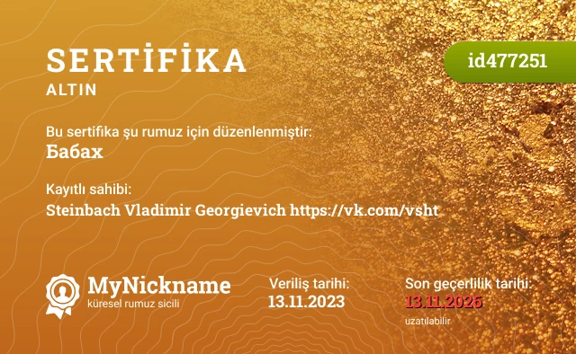 Бабах rumuzu için sertifika, kayıtlı sahibi: Steinbach Vladimir Georgievich https://vk.com/vsht