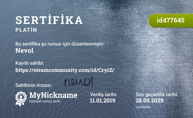 Nevol rumuzu için sertifika, kayıtlı sahibi: https://steamcommunity.com/id/CryiZ/