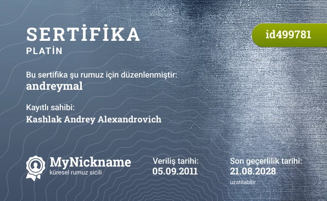 andreymal rumuzu için sertifika, kayıtlı sahibi: Kashlak Andrey Alexandrovich