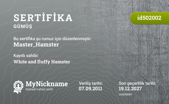 Master_Hamster rumuzu için sertifika, kayıtlı sahibi: White and fluffy Hamster
