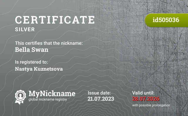 Certificate for nickname Bella Swan is registered to: Nastya Kuznetsova