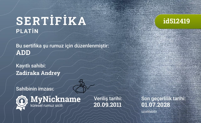 ADD rumuzu için sertifika, kayıtlı sahibi: Zadiraka Andrey