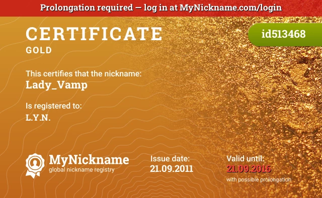 Certificate for nickname Lady_Vamp is registered to: L.Y.N.