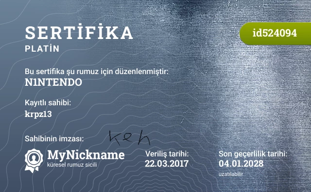 N1NTENDO rumuzu için sertifika, kayıtlı sahibi: krpz13