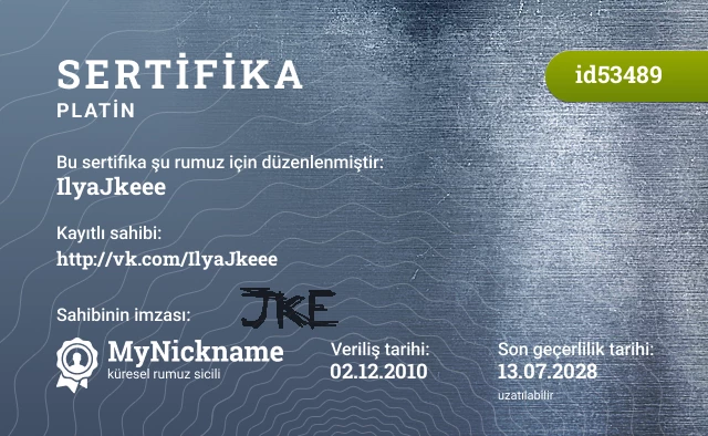 IlyaJkeee rumuzu için sertifika, kayıtlı sahibi: http://vk.com/IlyaJkeee