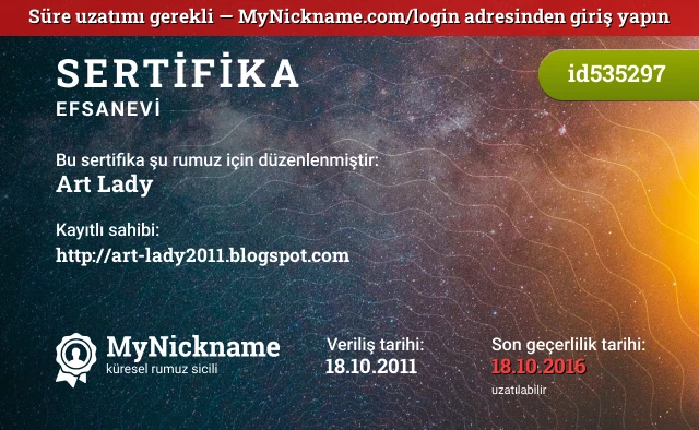 Art Lady rumuzu için sertifika, kayıtlı sahibi: http://art-lady2011.blogspot.com