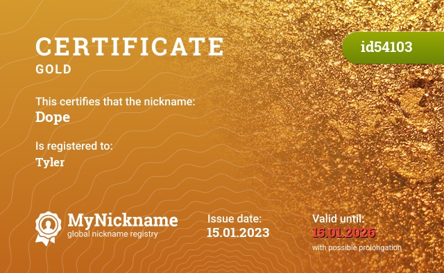Certificate for nickname Dope, registered to: Tyler