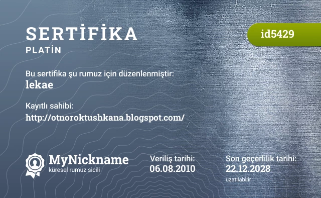 lekae rumuzu için sertifika, kayıtlı sahibi: http://otnoroktushkana.blogspot.com/
