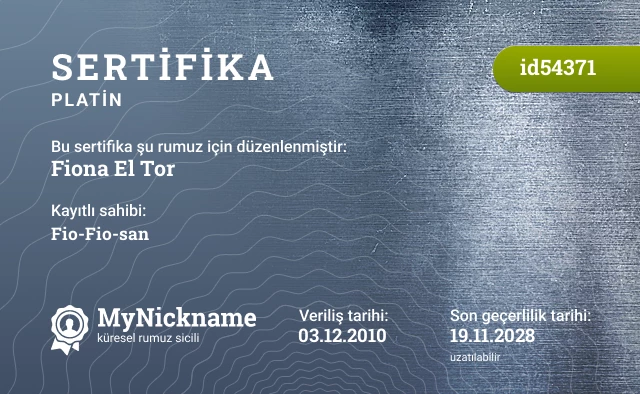 Fiona El Tor rumuzu için sertifika, kayıtlı sahibi: Fio-Fio-san