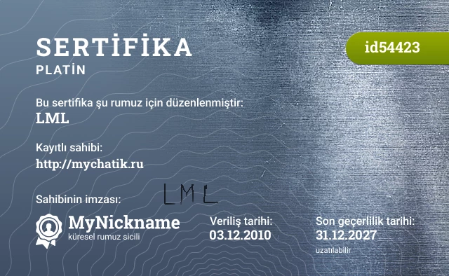 LML rumuzu için sertifika, kayıtlı sahibi: http://mychatik.ru