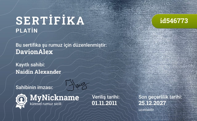 DavionAlex rumuzu için sertifika, kayıtlı sahibi: Naidin Alexander