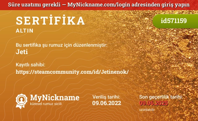 Jeti rumuzu için sertifika, kayıtlı sahibi: https://steamcommunity.com/id/Jetinenok/