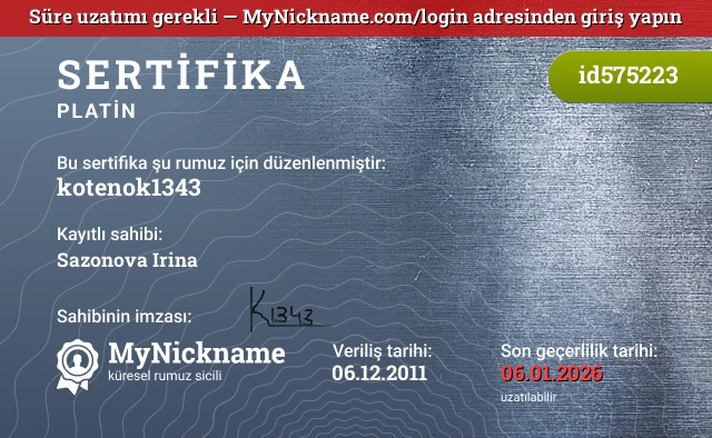 kotenok1343 rumuzu için sertifika, kayıtlı sahibi: Sazonova Irina