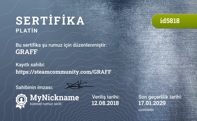GRAFF rumuzu için sertifika, kayıtlı sahibi: https://steamcommunity.com/GRAFF