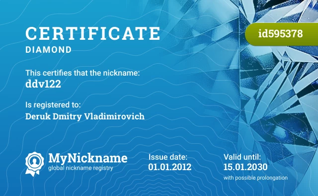 Certificate for nickname ddv122 is registered to: Deruk Dmitry Vladimirovich