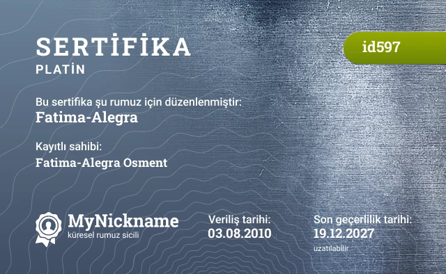 Fatima-Alegra rumuzu için sertifika, kayıtlı sahibi: Fatima-Alegra Osment