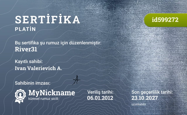 River31 rumuzu için sertifika, kayıtlı sahibi: Ivan Valerievich A.