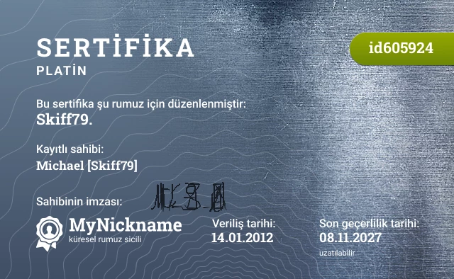 Skiff79. rumuzu için sertifika, kayıtlı sahibi: Michael [Skiff79]