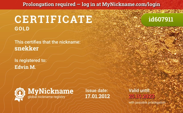 Certificate for nickname snekker is registered to: Edvin M.